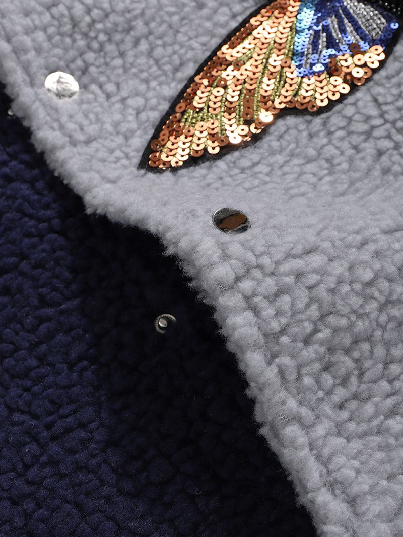 Herr Butterfly Sequ Applique Patchwork Pocket Baseball Collar Teddy Jacka