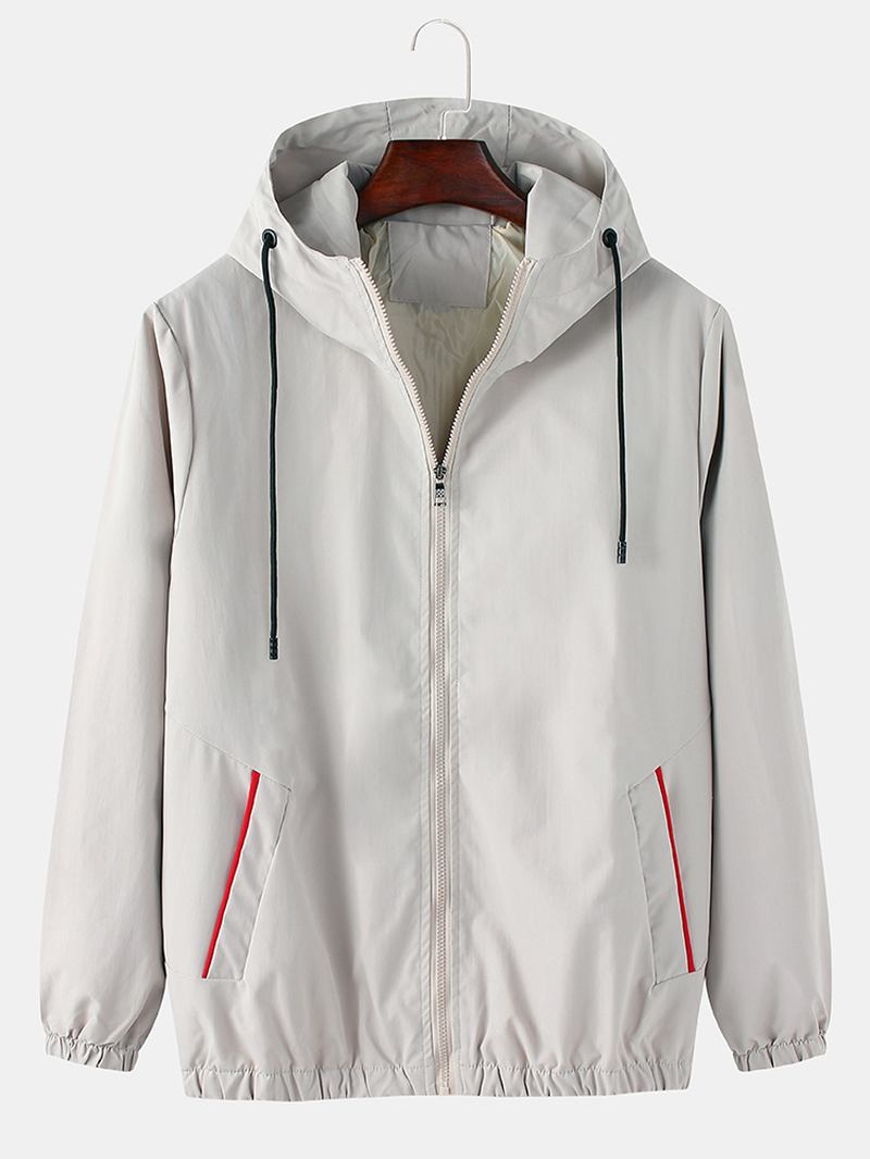 Herr Enfärgad Bomull Casual Loose Fit Pocket Hoodjacka Med Dragsko
