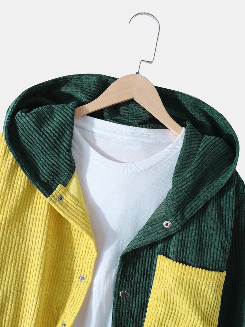 Herr Kontrast Patchwork Manchester Snap Button Casual Huvjacka Med Ficka