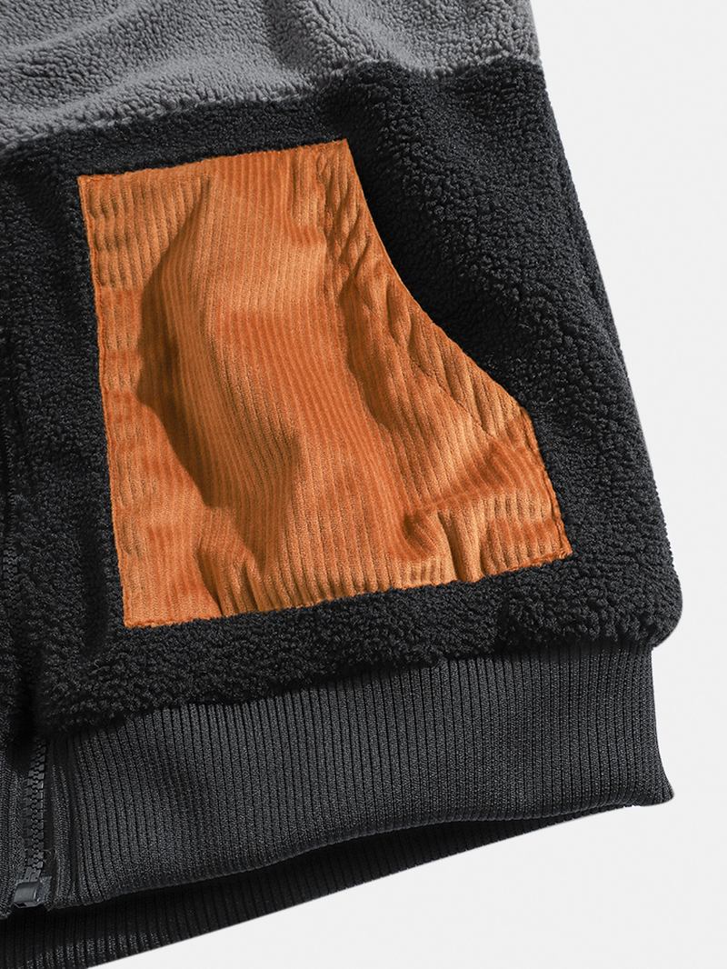 Herr Sherpa Fleece Patchwork Zip Up Bomull Casual Huvjacka Med Ficka