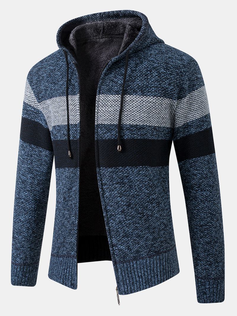 Herr Stripe Colorblock Dragkedja Tjock Varm Stickad Tröja Hoodiejacka