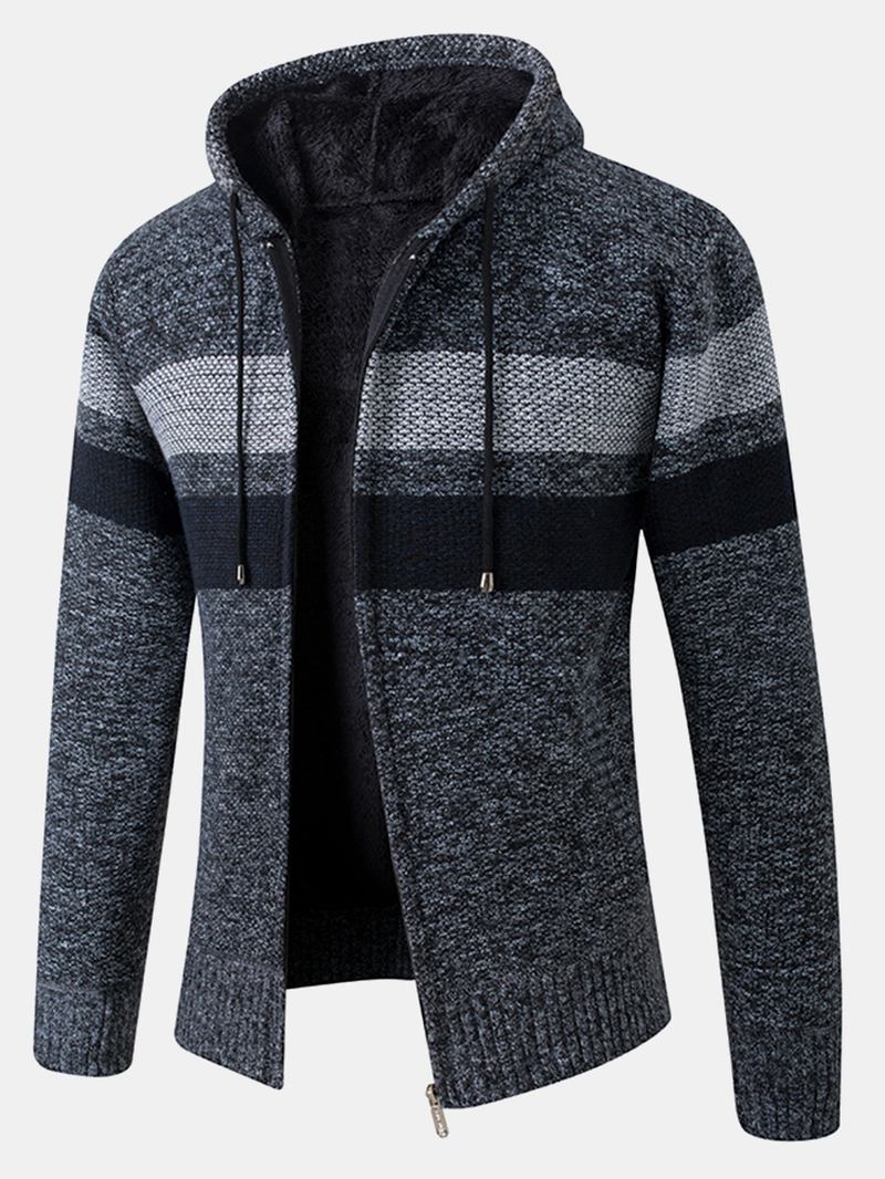 Herr Stripe Colorblock Dragkedja Tjock Varm Stickad Tröja Hoodiejacka