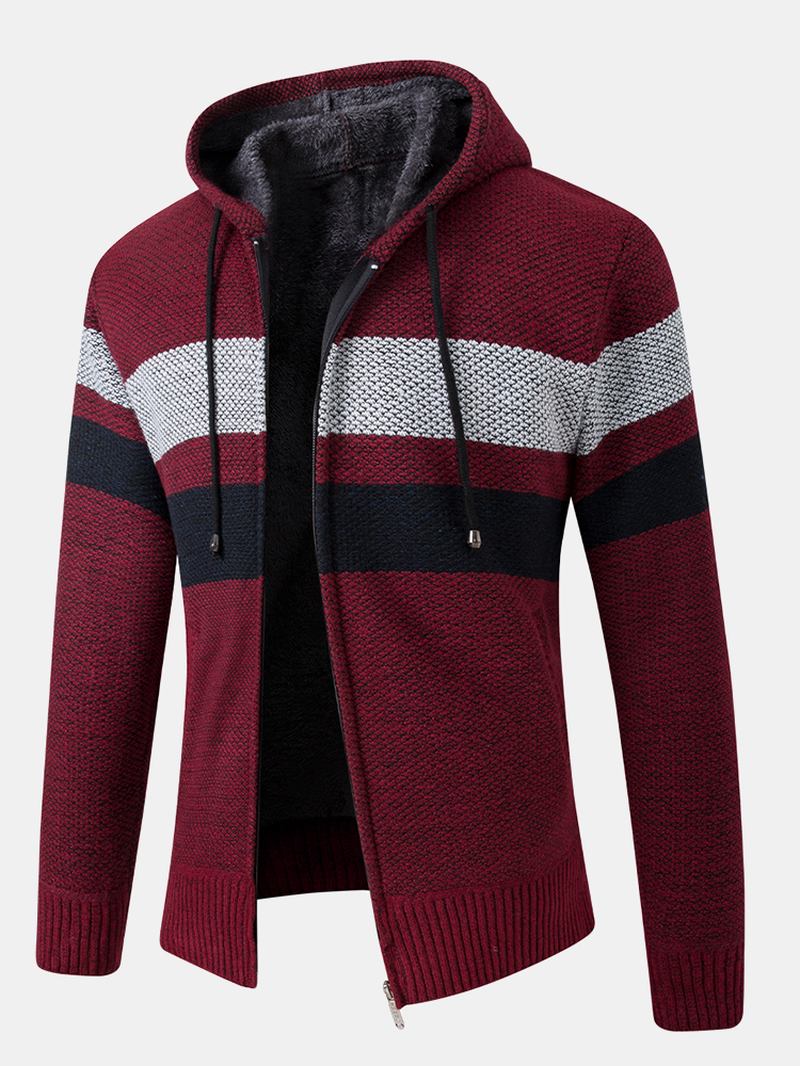 Herr Stripe Colorblock Dragkedja Tjock Varm Stickad Tröja Hoodiejacka