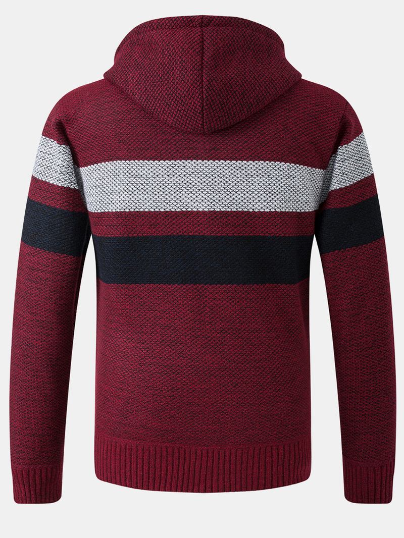 Herr Stripe Colorblock Dragkedja Tjock Varm Stickad Tröja Hoodiejacka
