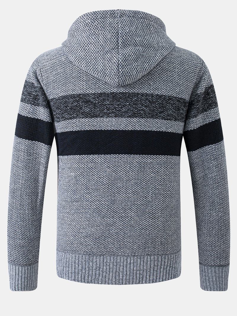 Herr Stripe Colorblock Dragkedja Tjock Varm Stickad Tröja Hoodiejacka