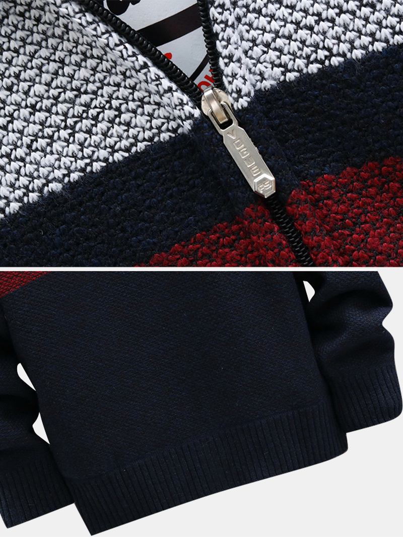 Herr Stripe Colorblock Dragkedja Tjock Varm Stickad Tröja Hoodiejacka