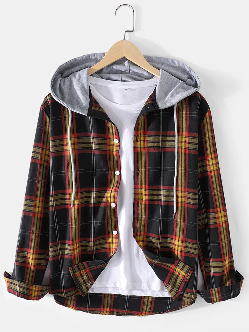 Herr Tartan Button Up Långärmad Avslappnad Passform Huvjacka Med Dragsko