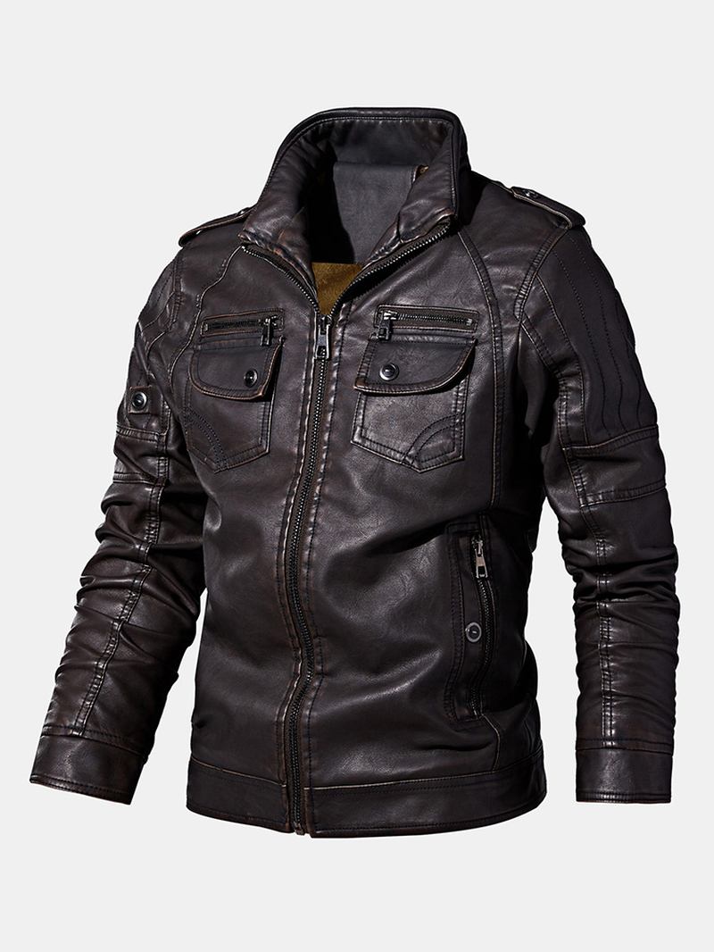 Herrtvättad Vintage Multi-pocket Dragkedja Lapel Winter Thicken Pu-läderjacka