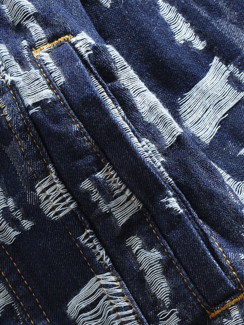 Män Allover Scratch Ripped Designer Casual Lapel Jeansjacka