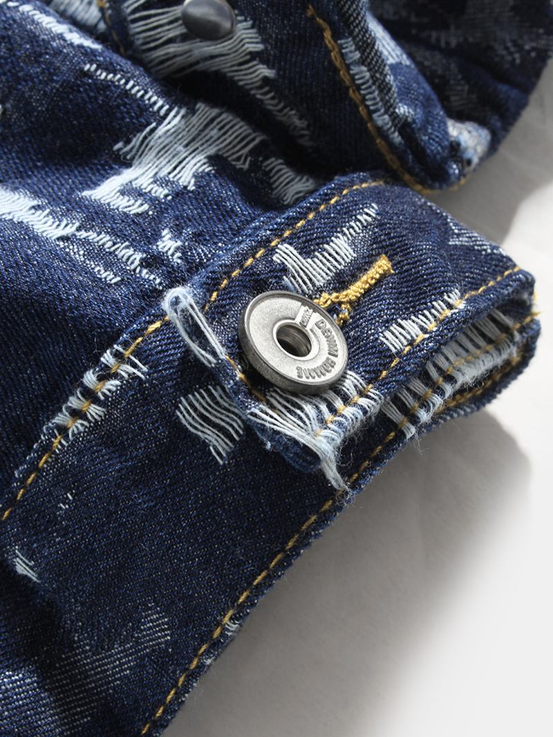 Män Allover Scratch Ripped Designer Casual Lapel Jeansjacka