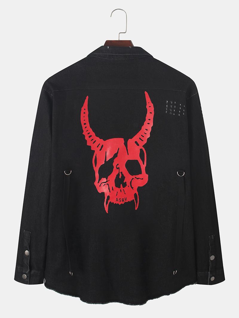 Män Animal Back Med Tryck Lapel Double Pocket Svart Jeansjacka