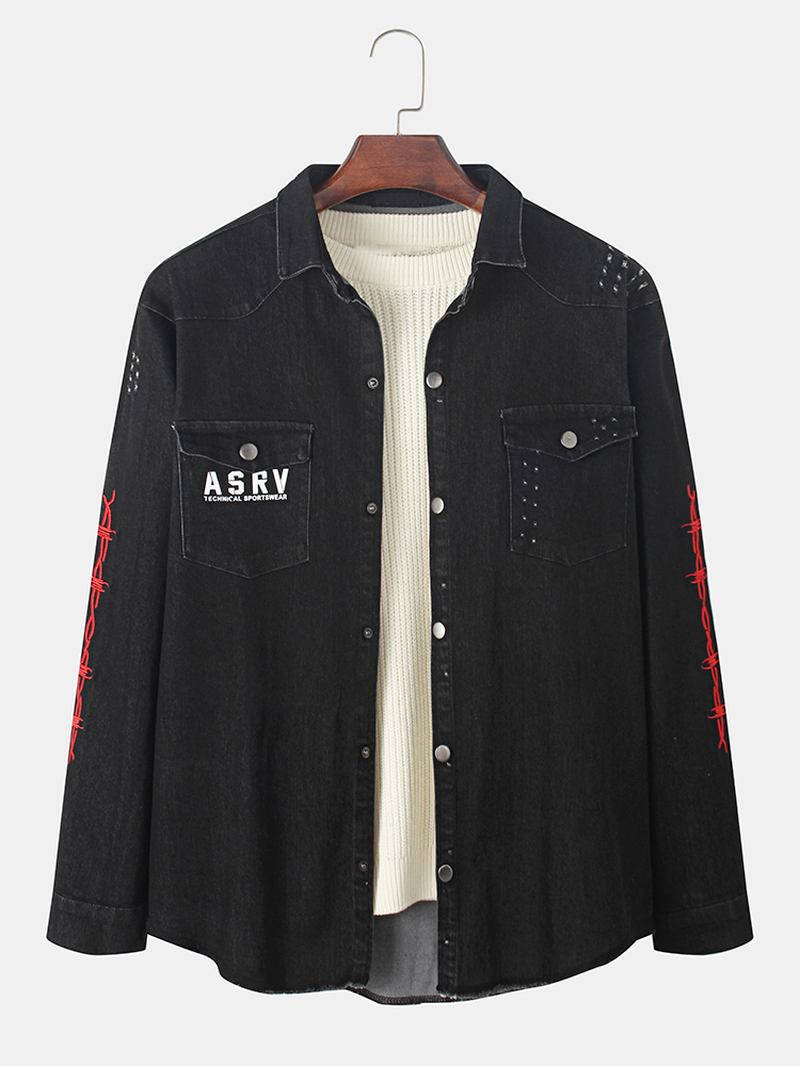 Män Animal Back Med Tryck Lapel Double Pocket Svart Jeansjacka