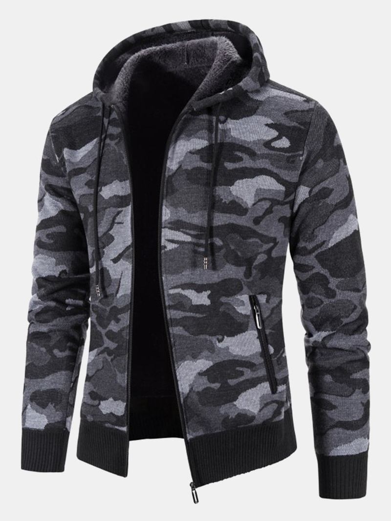 Män Cotton Camo Tryckt Plysch Fodrad Dragkedja Slant Pockets Jackor