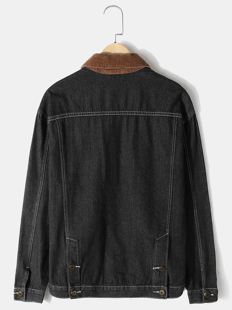 Män Etikettmönster Patchwork Lapel Långärmad Svart Jeansjacka