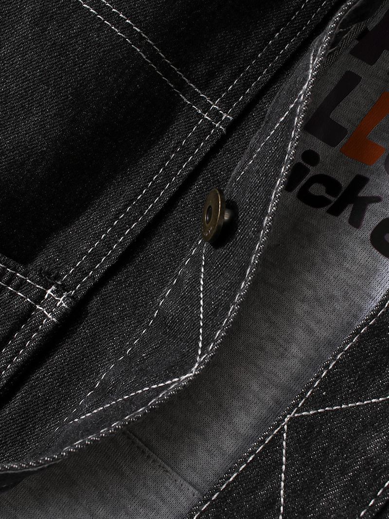Män Etikettmönster Patchwork Lapel Långärmad Svart Jeansjacka