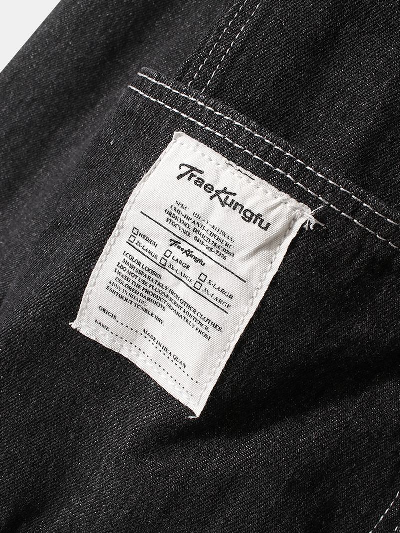 Män Etikettmönster Patchwork Lapel Långärmad Svart Jeansjacka