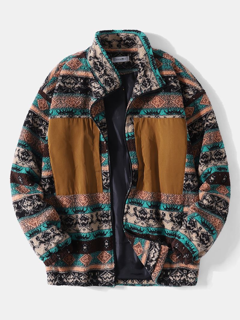 Män Etnisk Randig Fleece Patch Sidofickor Dragkedja Krage Jackor