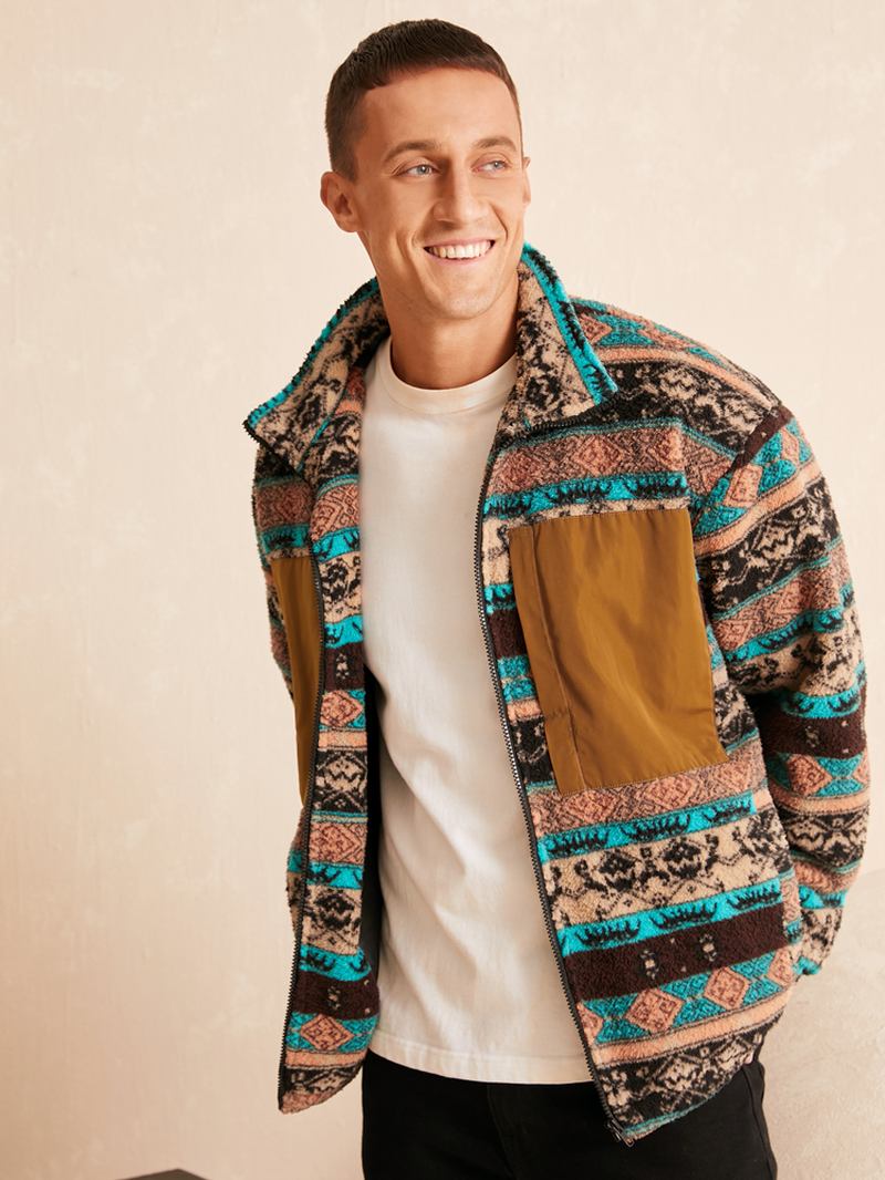 Män Etnisk Randig Fleece Patch Sidofickor Dragkedja Krage Jackor