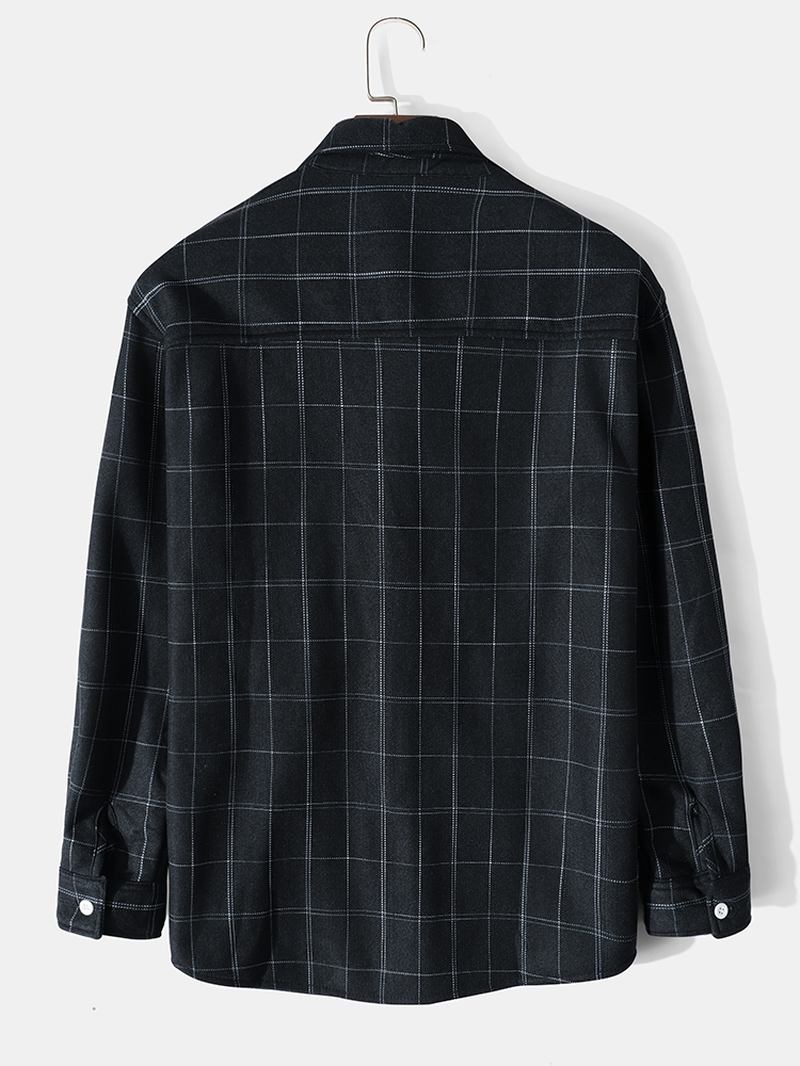 Män Grid Lapel Bröstficka Långärmad Varm Skjorta Jacka