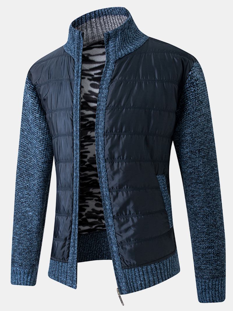 Män Knitting Patchwork Slant Pocket Dragkedja Långärmad Varm Tjock Jacka