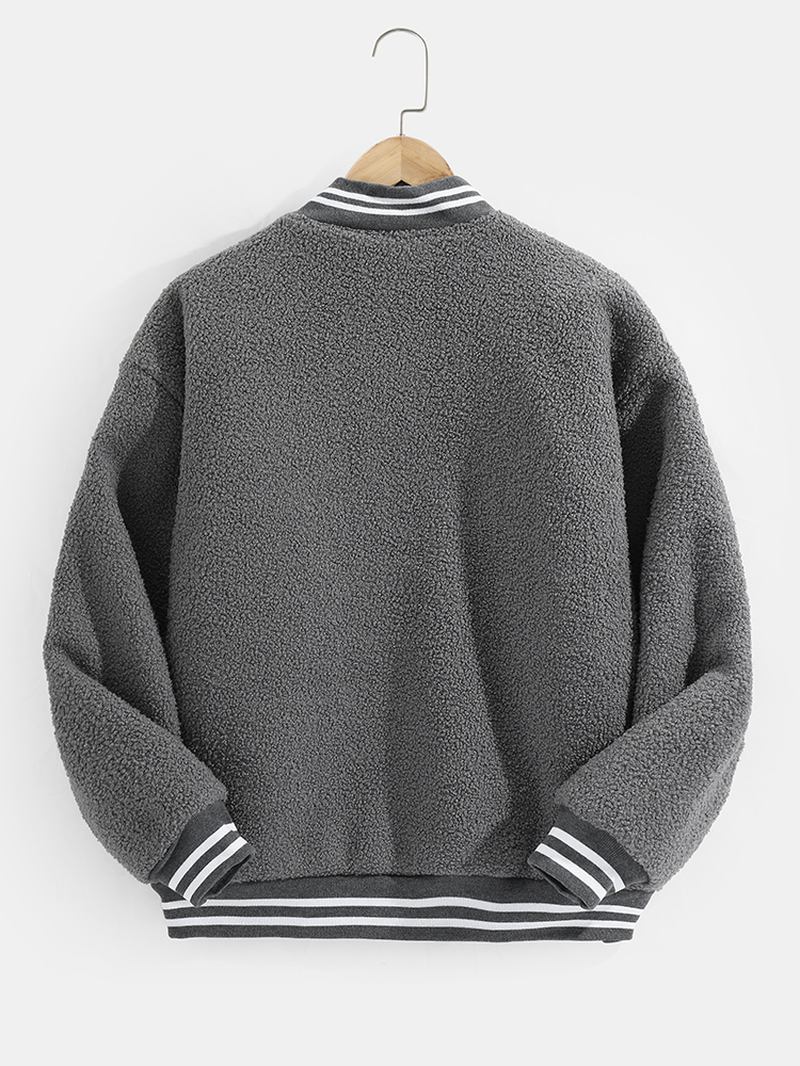 Män Letter Mönster Dragkedja Baseball Krage Drop Shoulder Teddyjacka Med Ficka