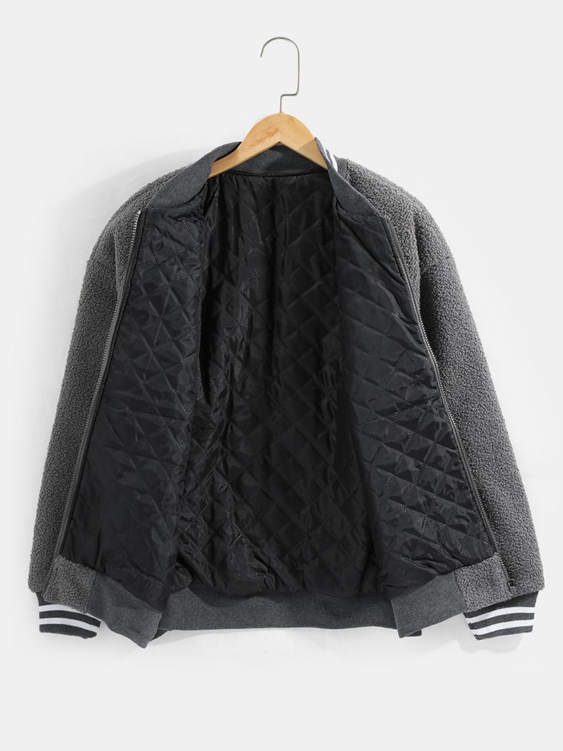 Män Letter Mönster Dragkedja Baseball Krage Drop Shoulder Teddyjacka Med Ficka