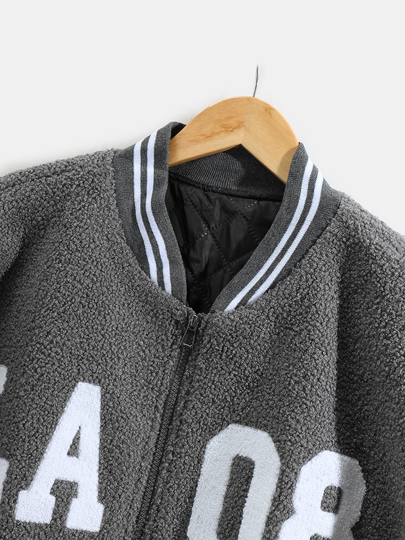 Män Letter Mönster Dragkedja Baseball Krage Drop Shoulder Teddyjacka Med Ficka