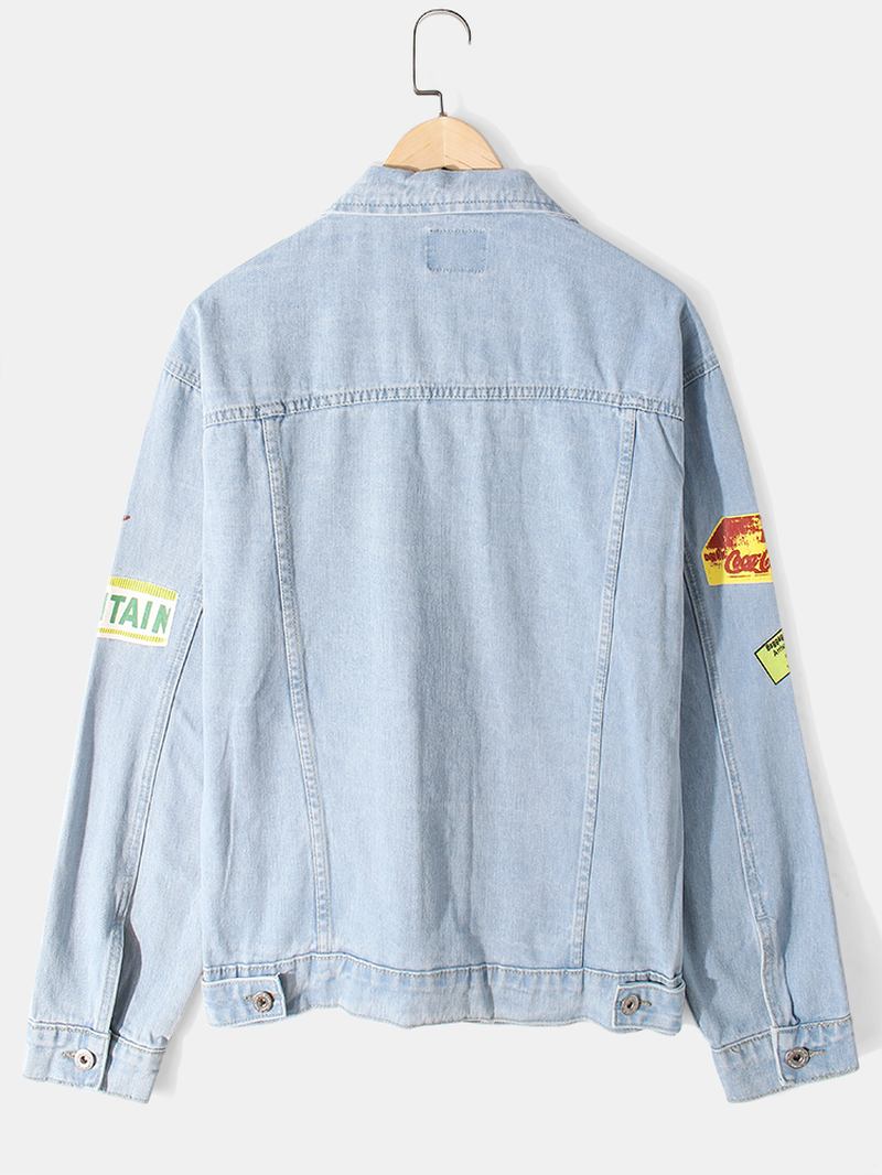 Män Letter Mönster Med Tryck Broderi Bomull Utomhus Snygg Jeansjacka Med Ficka
