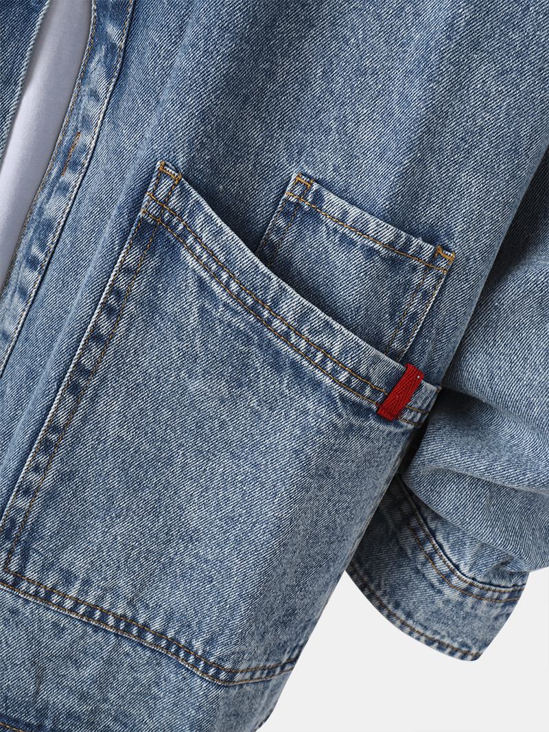 Män Letter Sleeve Med Tryck Button Up Lapel Cotton Jeansjacka