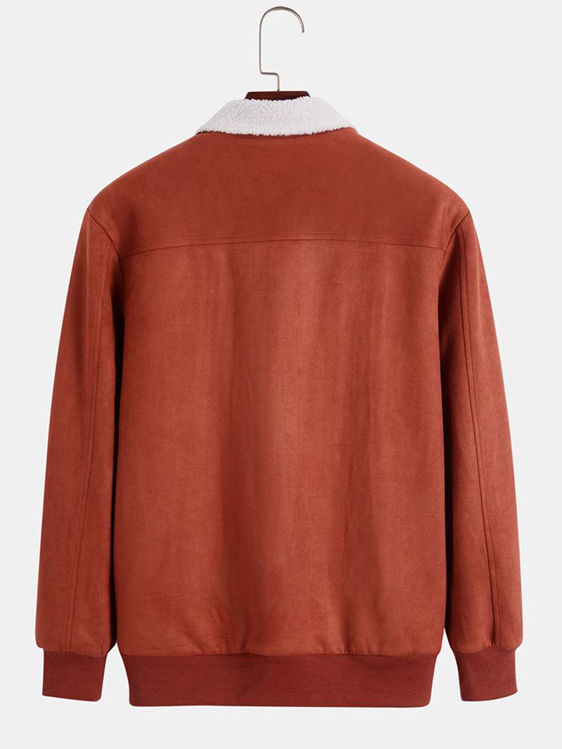 Män Mocka Teddy Fleece Krage Dragkedja Ficka Elastisk Manschett Warm Street Jackor