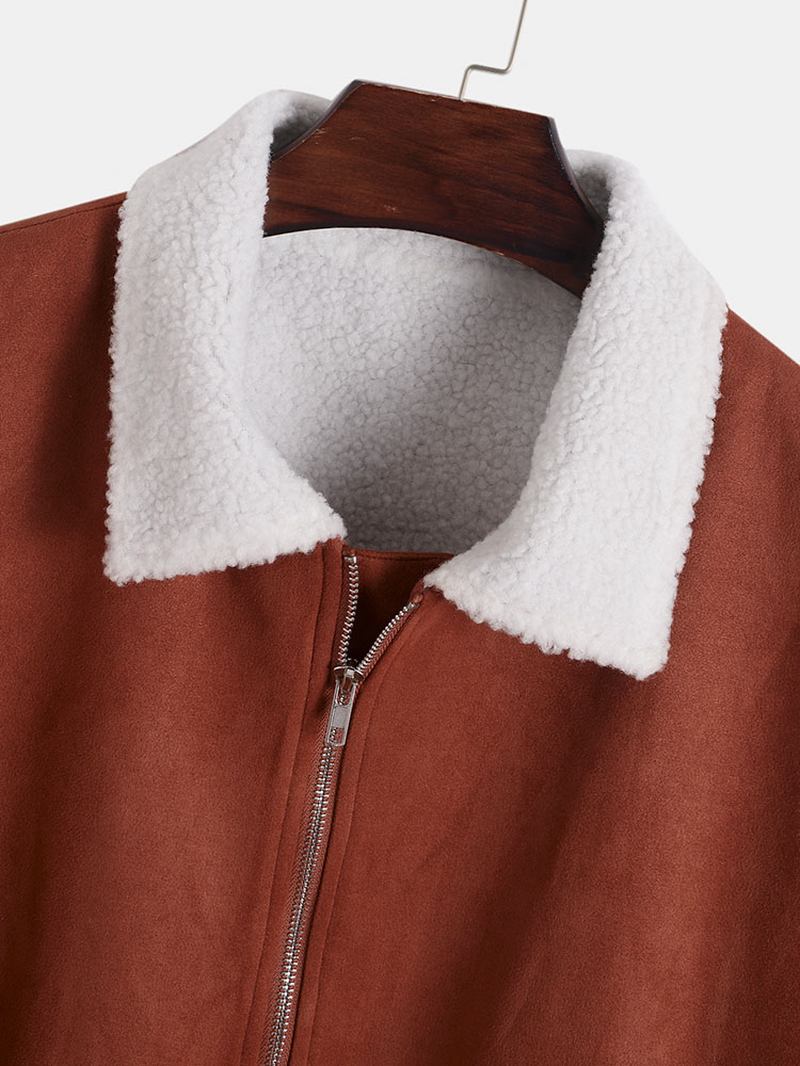 Män Mocka Teddy Fleece Krage Dragkedja Ficka Elastisk Manschett Warm Street Jackor