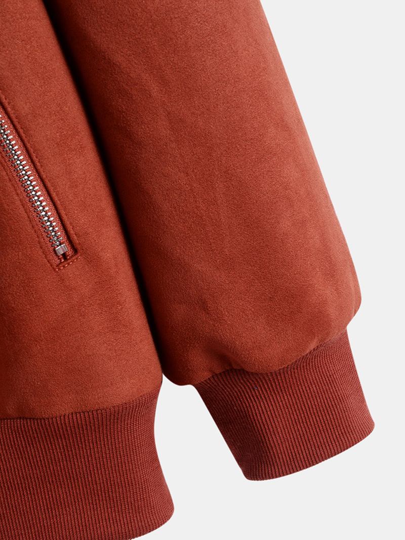 Män Mocka Teddy Fleece Krage Dragkedja Ficka Elastisk Manschett Warm Street Jackor