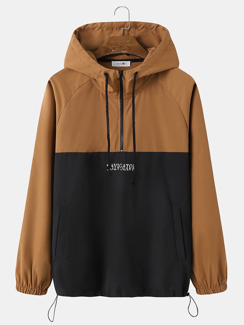 Män Patchwork Färg Block Zip Broderi Hoodies Windbreaker Jackor