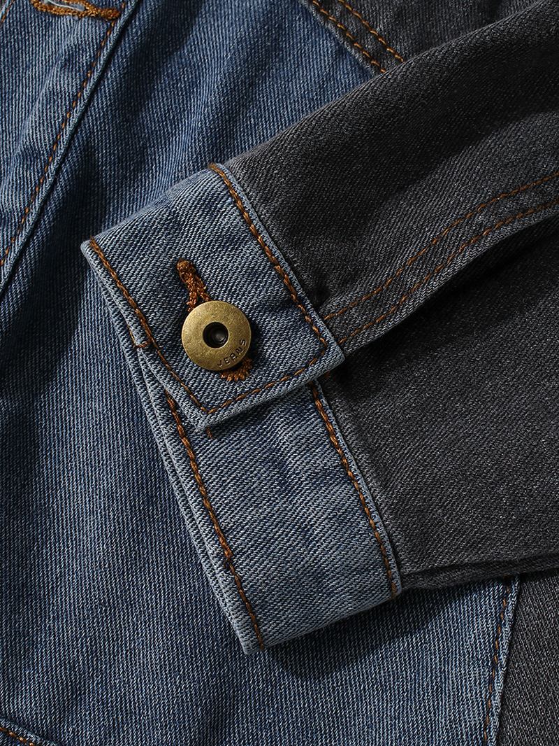 Män Patchwork Multi Pocket Lapel Distressed Jeansjacka