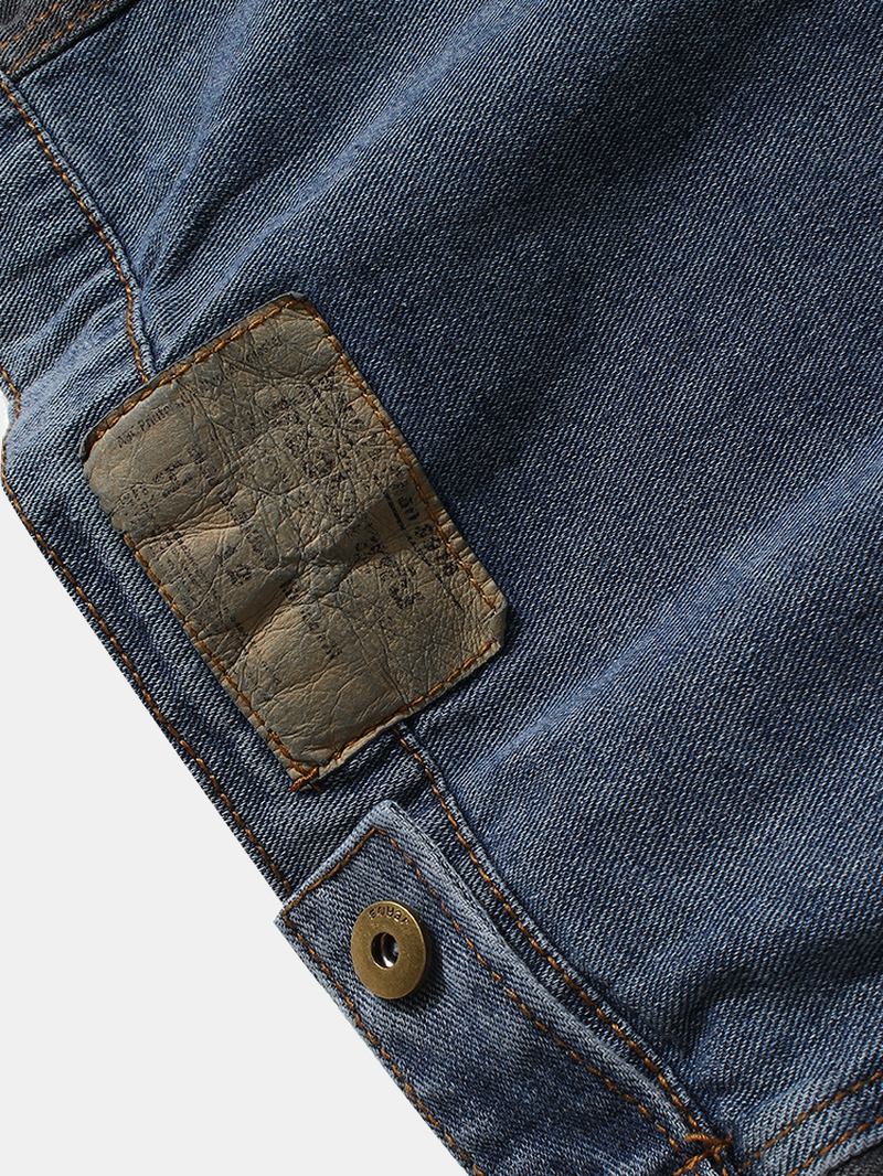 Män Patchwork Multi Pocket Lapel Distressed Jeansjacka