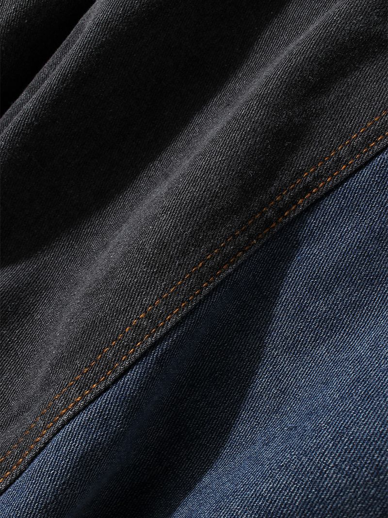 Män Patchwork Multi Pocket Lapel Distressed Jeansjacka