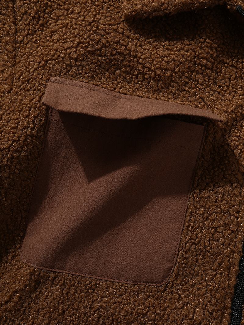 Män Plysch Solid Lapel Bröstlappade Fickor Zip Casual Jackor