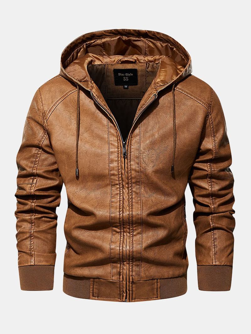Män Pu Letter Elastisk Fåll Dragsko Hooded Zipper Jackor