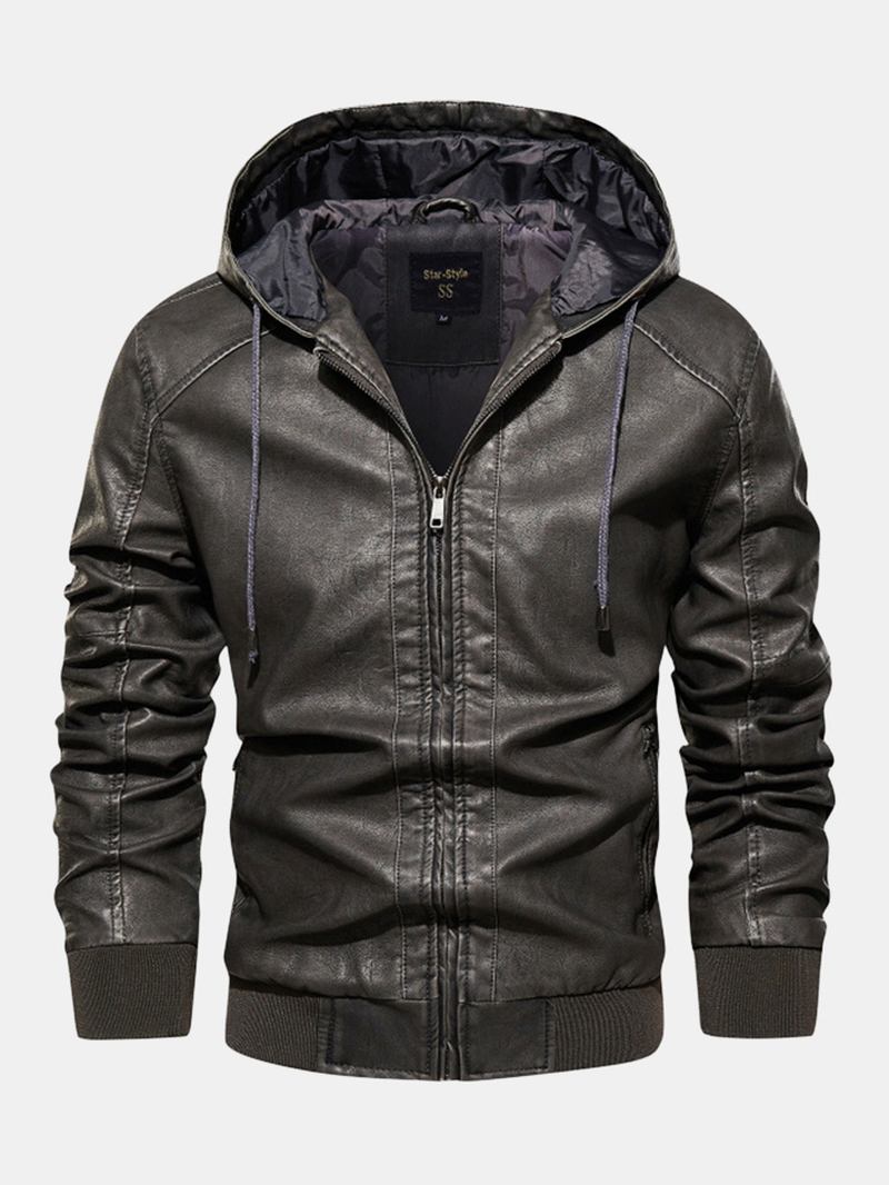 Män Pu Letter Elastisk Fåll Dragsko Hooded Zipper Jackor