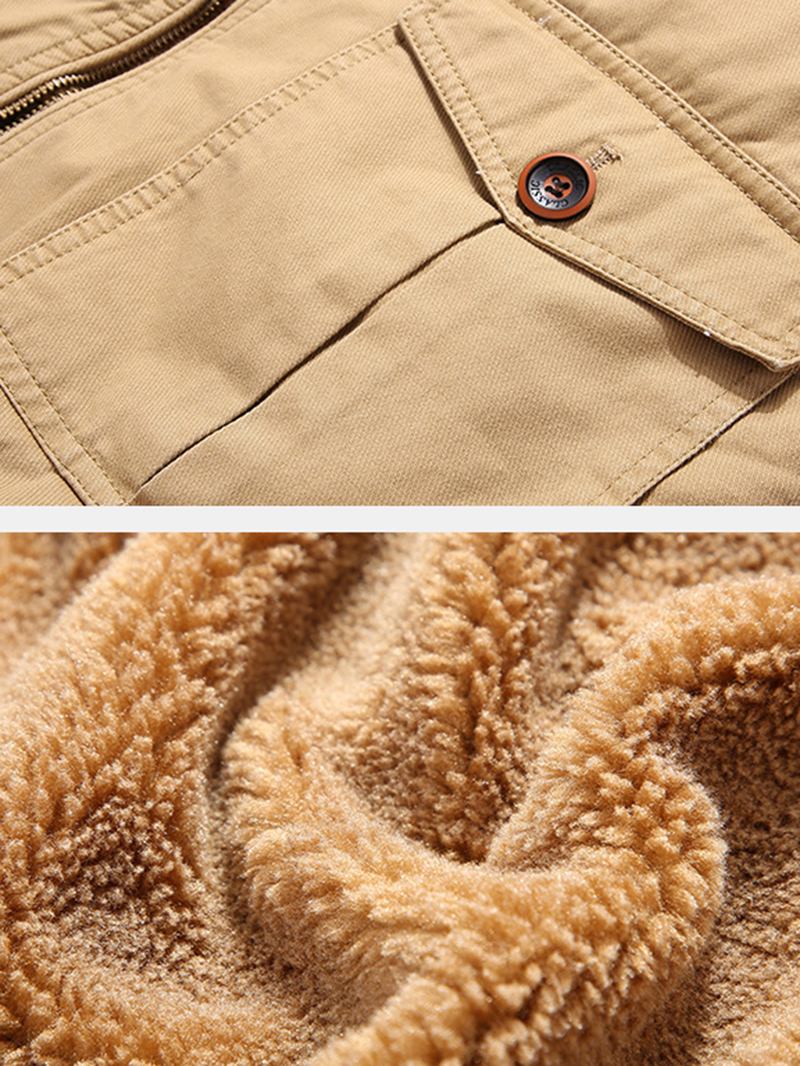 Män Zip Up Letter Broderi Badge Sherpa Fodrad Tjock Lapel Casaul Jacka