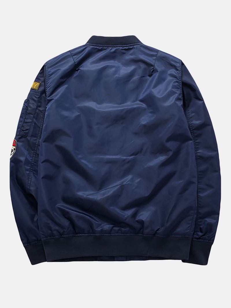 Man Applique Vintage Solid Zipper Up Bomberjacka Med Ficka
