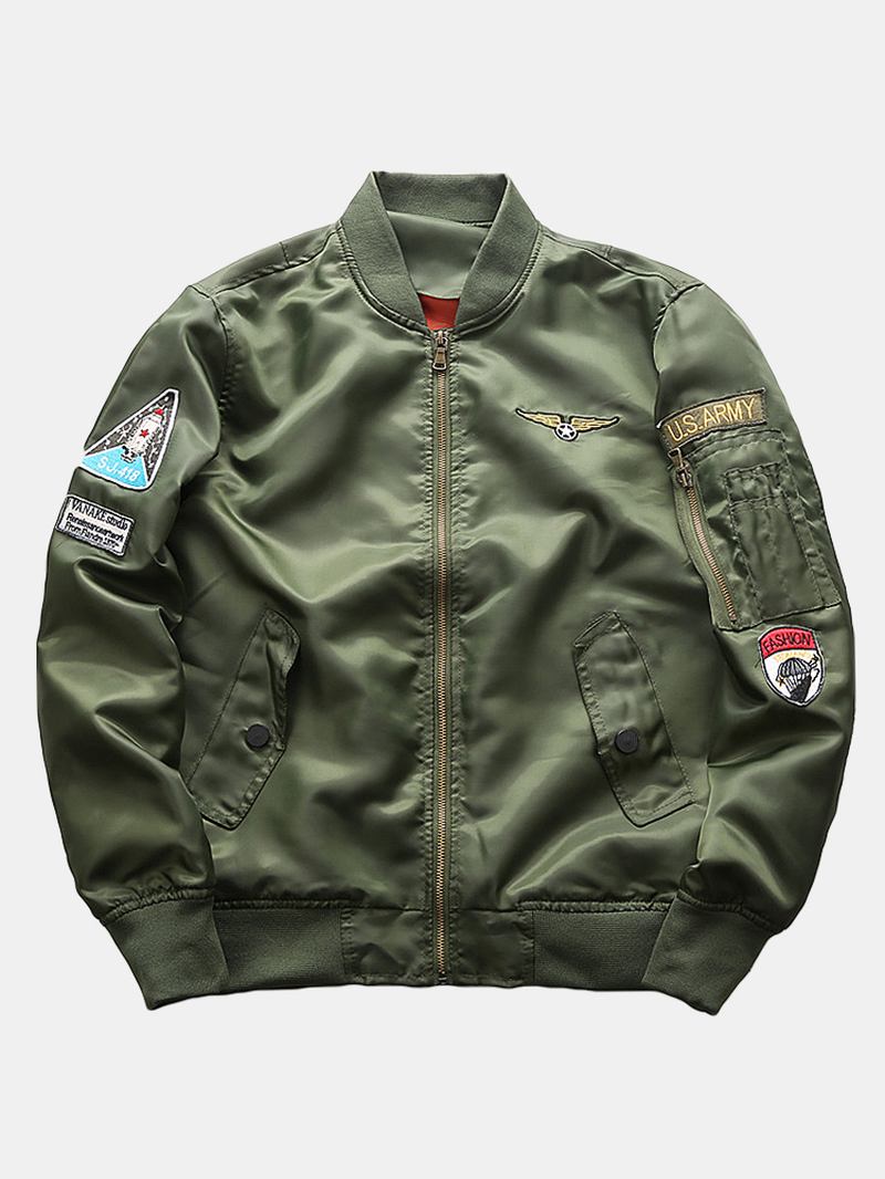 Man Applique Vintage Solid Zipper Up Bomberjacka Med Ficka