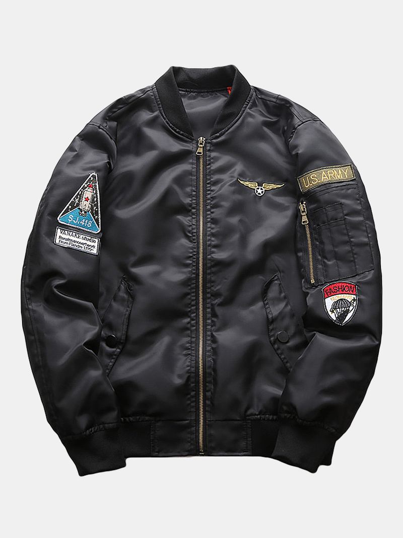 Man Applique Vintage Solid Zipper Up Bomberjacka Med Ficka