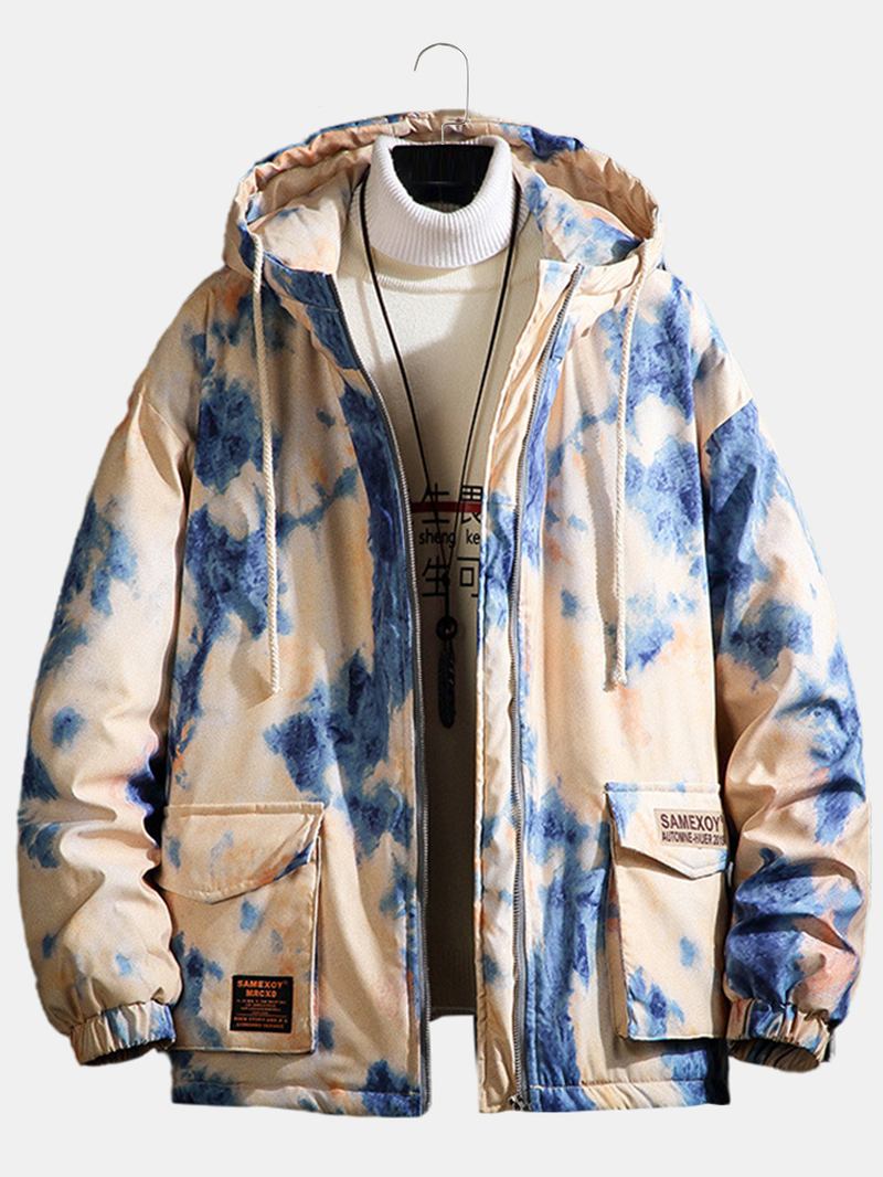 Man Tie-dye Dubbla Flikfickor Dragkedja Tjock Lös Huvjacka