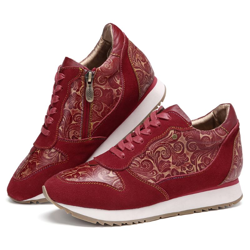 Blommiga Lädersömmar Skarva Dragkedja Snöra Platta Sneakers
