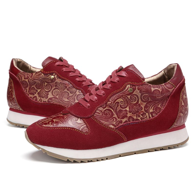 Blommiga Lädersömmar Skarva Dragkedja Snöra Platta Sneakers