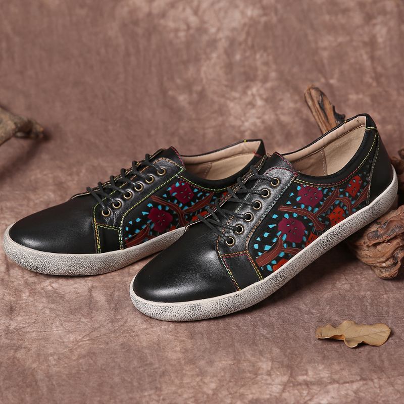 Floral Cutout Sticks Retro Läder Snöra Flat Sneakers