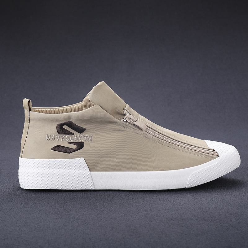 Män Gummi Cap Toe Front Dragkedja Andas Canvas High Top Ankel Casual Sneakers