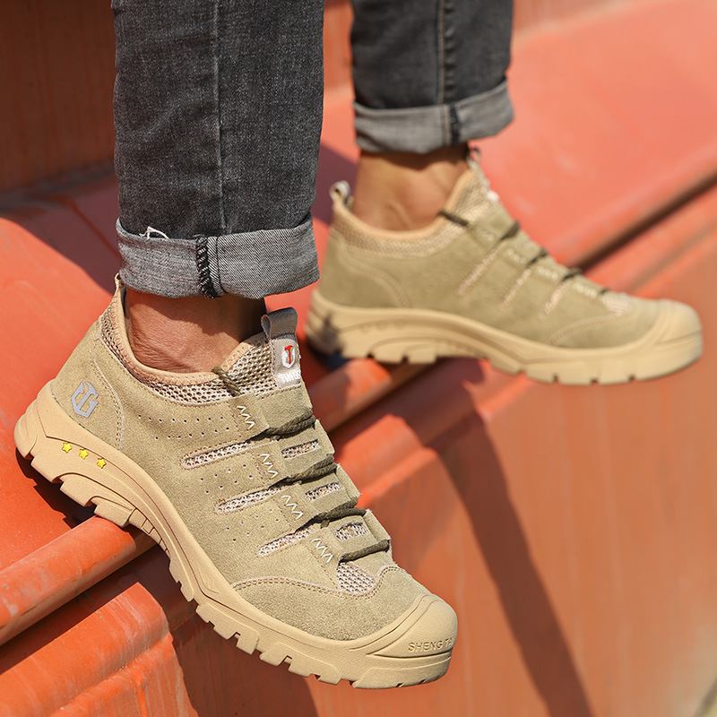 Män Mesh Andas Ihålig Skarvning Halkfri Tå Skyddade Casual Working Shoes