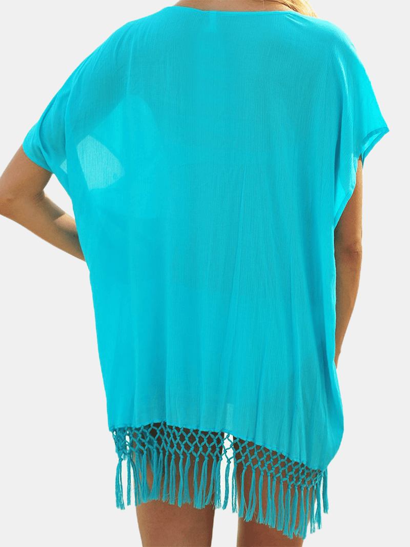 Kvinnor Tofs Patch Oregelbunden Fåll Bat Sleeve Genomskinlig Solskydd Cover Ups